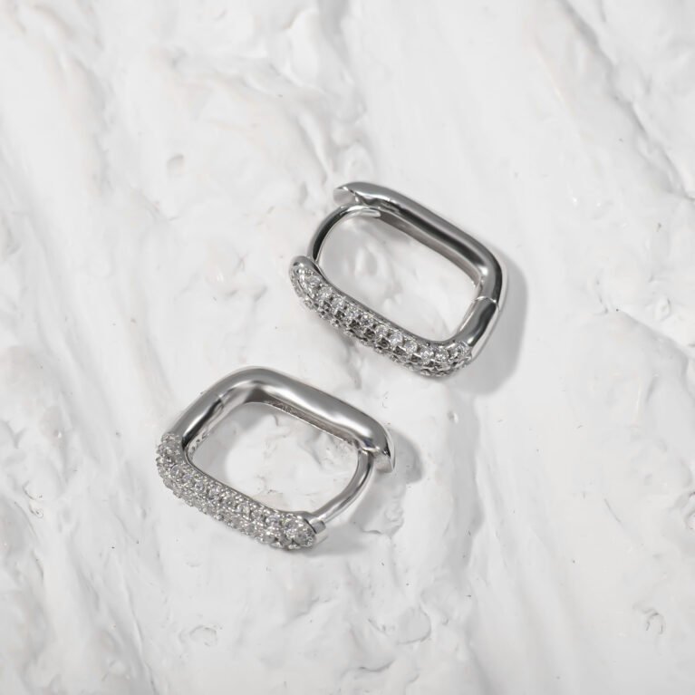 Square Hoop with clear CZ Silver Earing