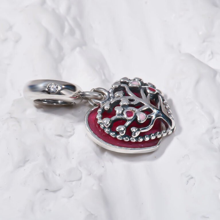 2 heart modern art Rred stone and a message Silver Charm.