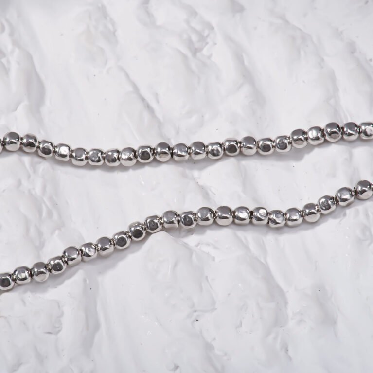 2.5mm Organic Cube Bead Chain Silver Bracelet Unisex 7.5 in