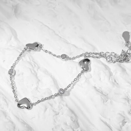 Heart with CZ stone Link chain Silver Anklet