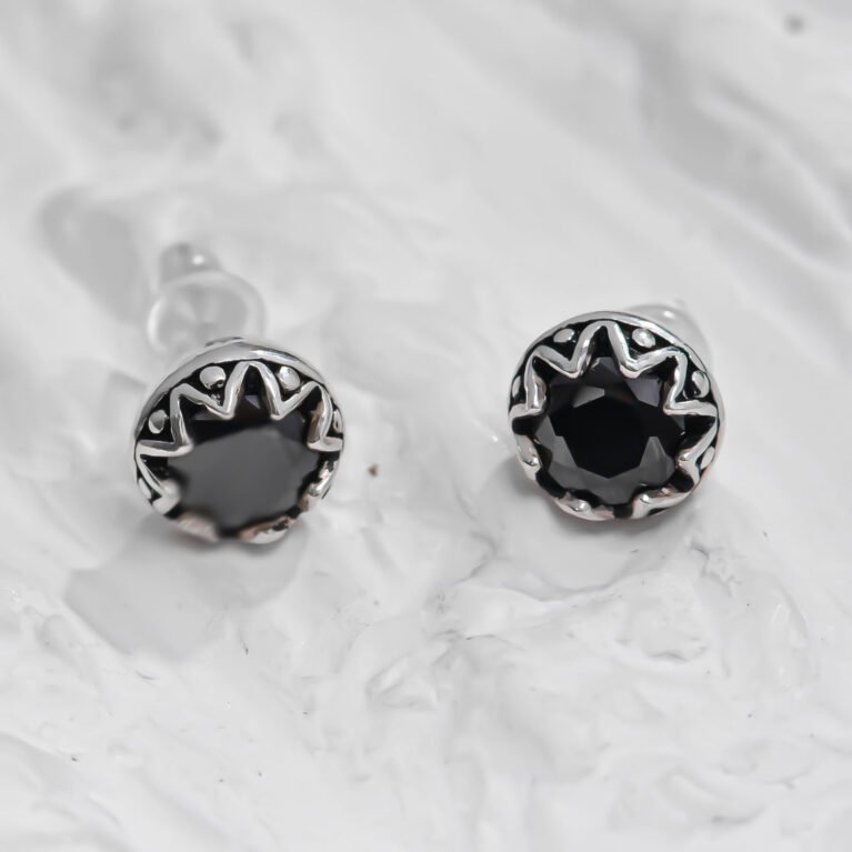 Round design Art 5 silver black tone Silver Earing