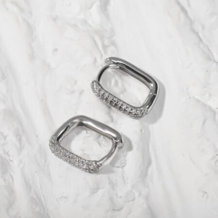 Square Hoop with clear CZ Silver Earing