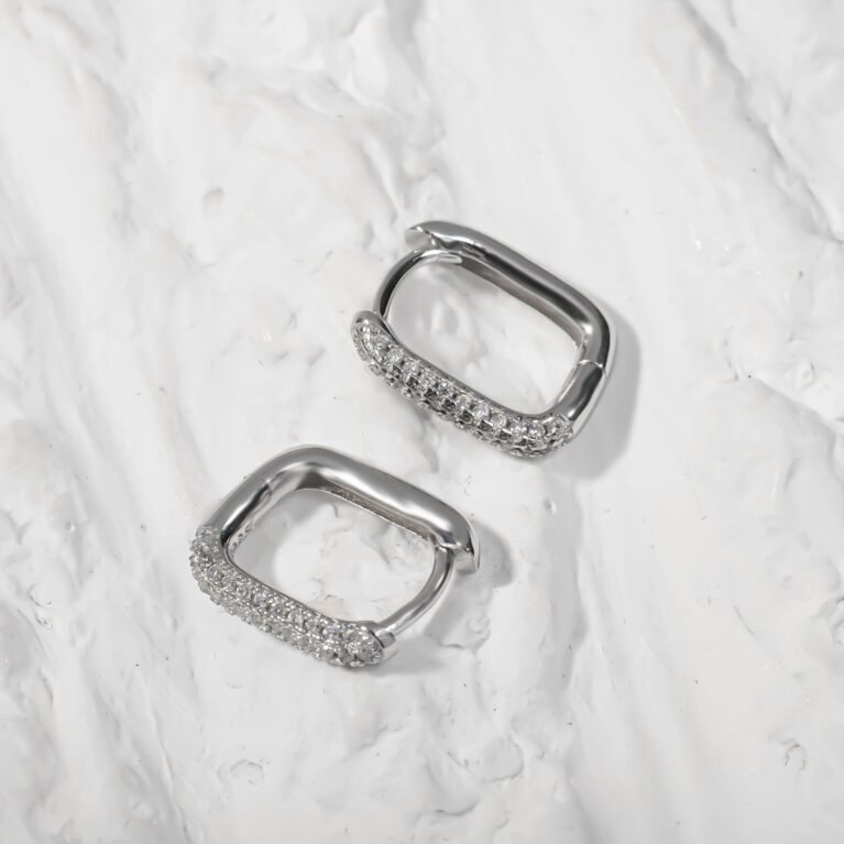 Square Hoop with clear CZ Silver Earing