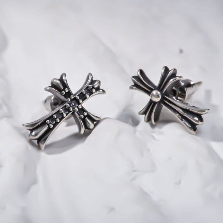 Silver Black tone Long Cross Silver Earing