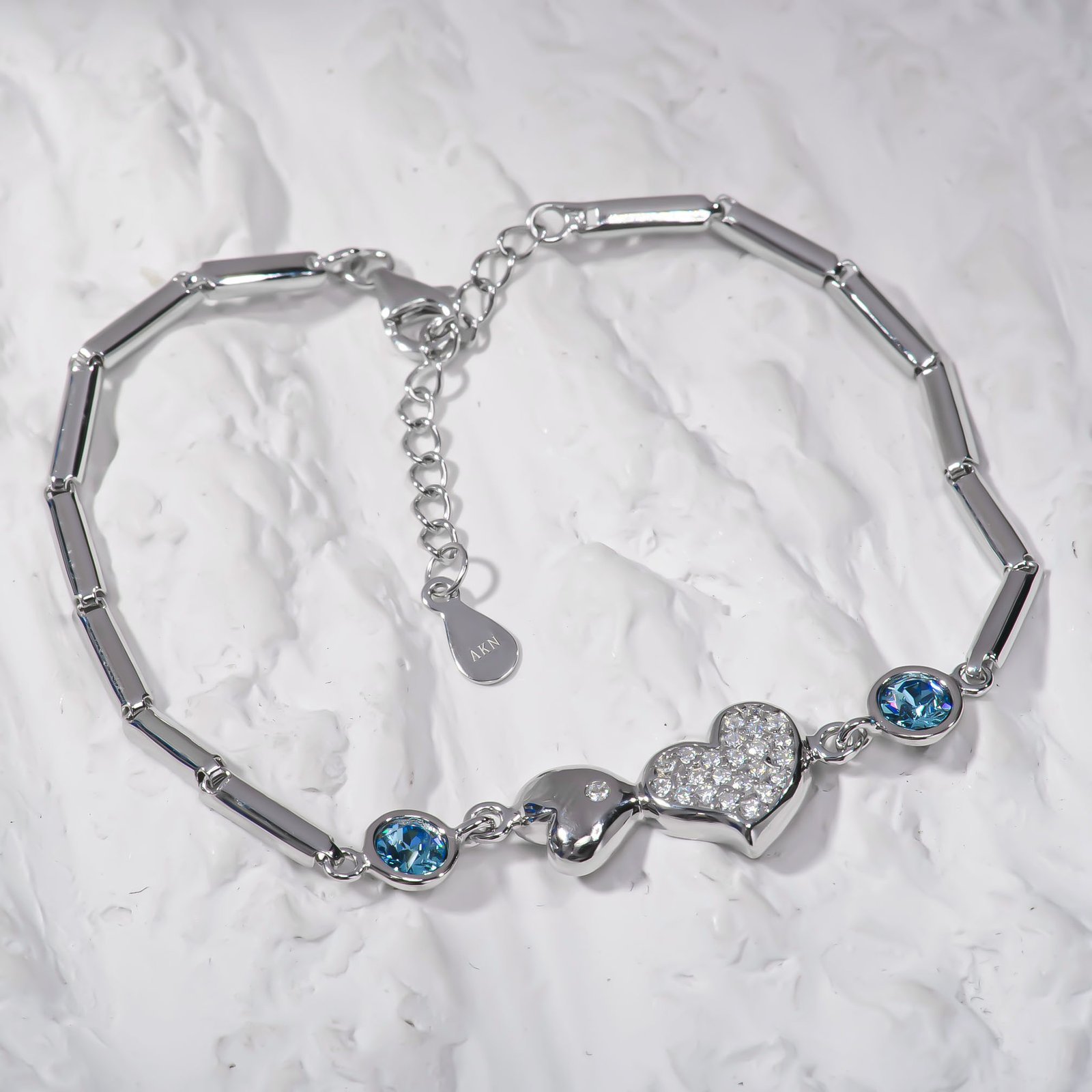 AAAA CZ and Blue Crystal  Stone Heart bracelet 16.5cm 6.5 in