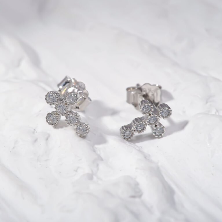 CZ studded Cross Silver Earing